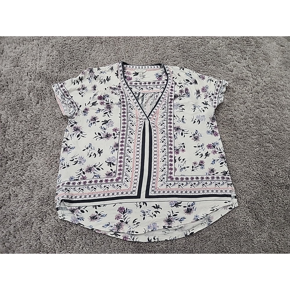 Lucky Brand Blouse Womens L White Purple Floral Short Sleeve V-Neck 6% Linen